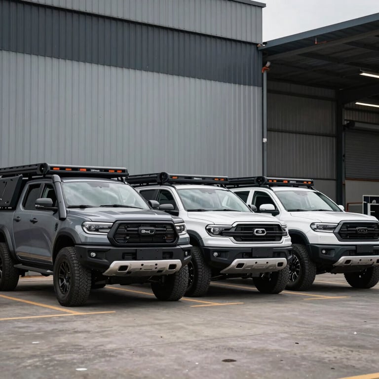 Three different modern pickup truck models lined up, all fitted with custom Boks boxes in an industrial yard.