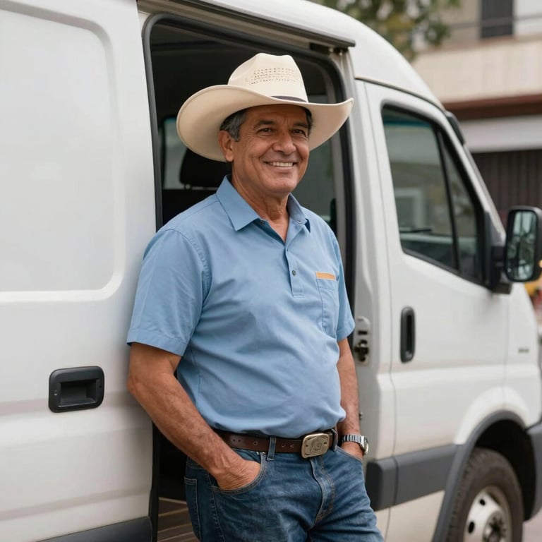A professional customer in South American attire leaning against his secure truck in an urban Argentine setting, smiling with confidence.