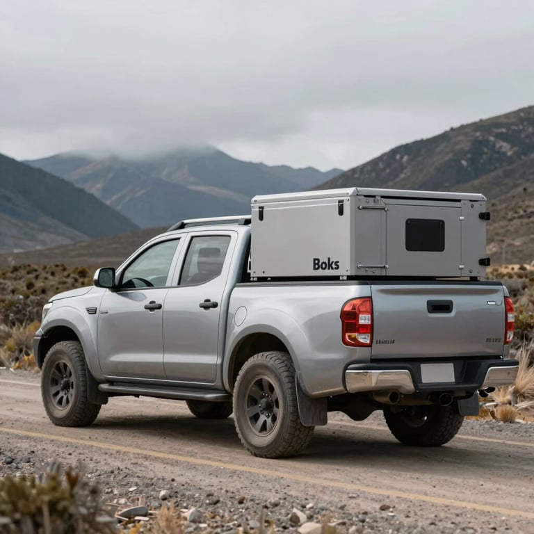A pickup truck driving on a dusty Patagonian road in Argentina, carrying a secure Boks unit.