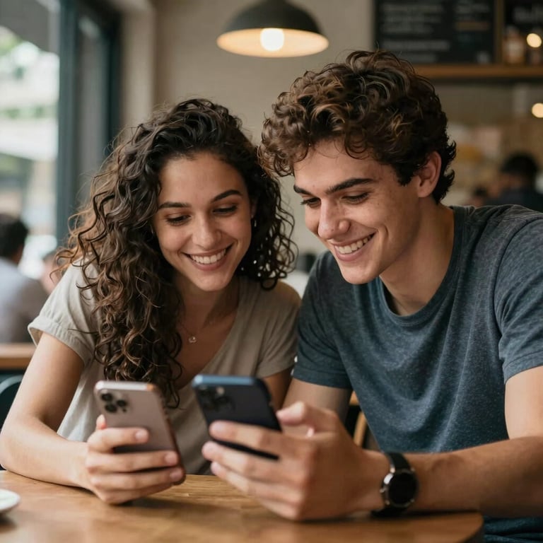Nicho Relacionamentos: Um casal jovem sorridente em um café em São Paulo, compartilhando um momento descontraído com smartphones sobre a mesa, luz natural quente.