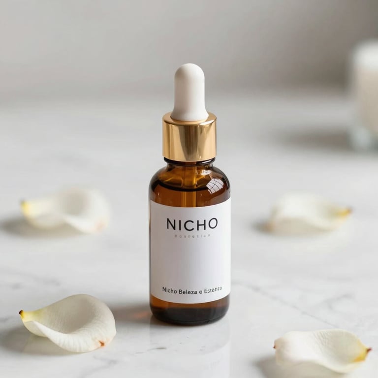 Nicho Beleza e Estética: Close-up artístico de produtos de cuidados com a pele em uma bancada de mármore branco com pétalas de flores, estilo de fotografia de alta classe.