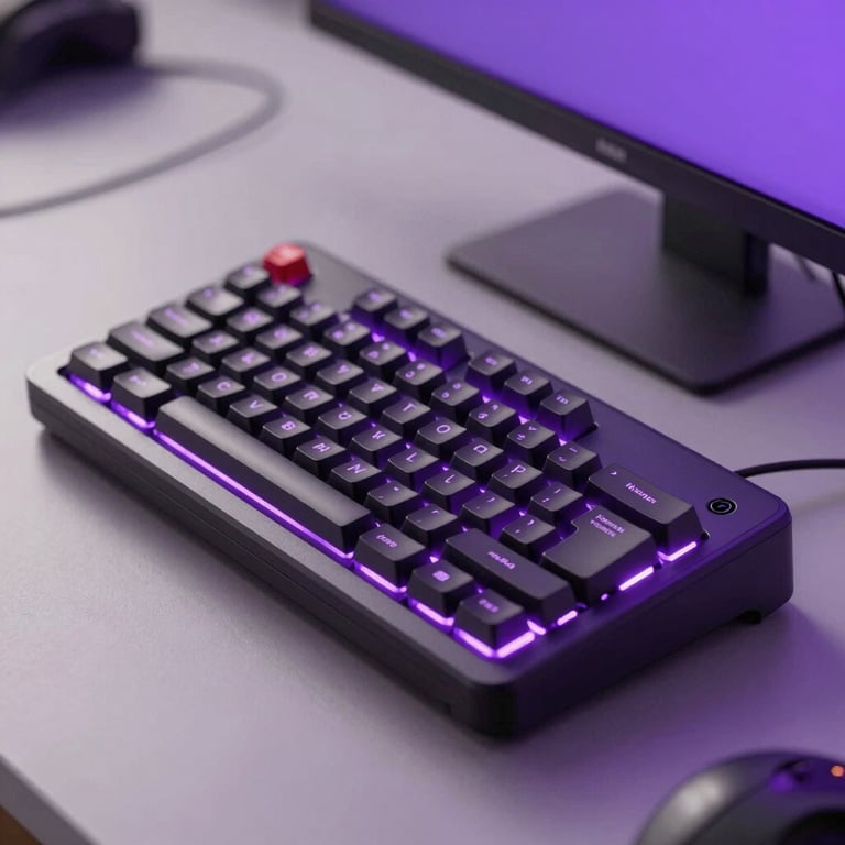 Nicho Tecnologia: Um espaço de trabalho minimalista com teclado mecânico e luzes LED suaves em tons de roxo, refletindo inovação e modernidade brasileira.