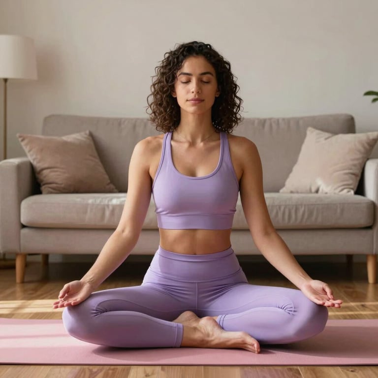 Nicho Saúde e Bem-estar: Uma pessoa brasileira praticando yoga em uma sala de estar iluminada pelo sol, ambiente acolhedor e tons suaves de rosa e violeta.