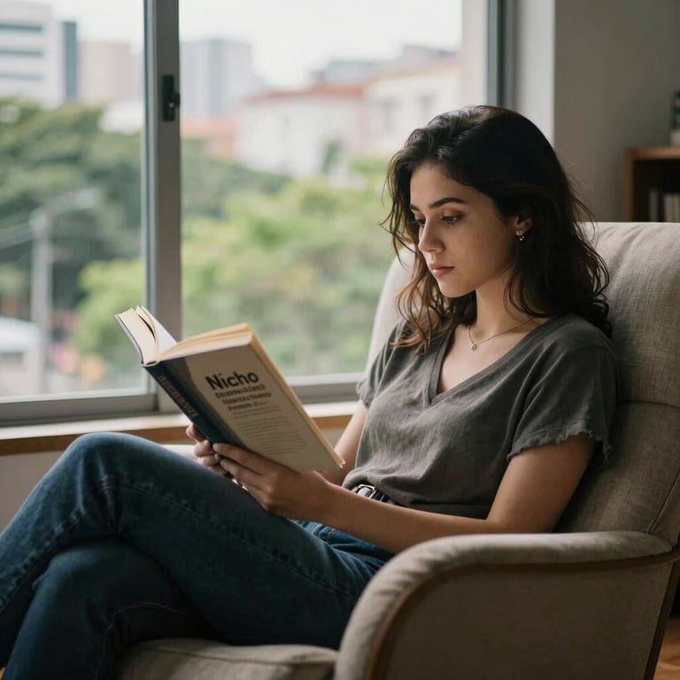 Nicho Desenvolvimento Pessoal: Uma pessoa lendo um livro em uma poltrona confortável perto de uma janela com vista para uma área verde urbana, transmitindo paz e foco.