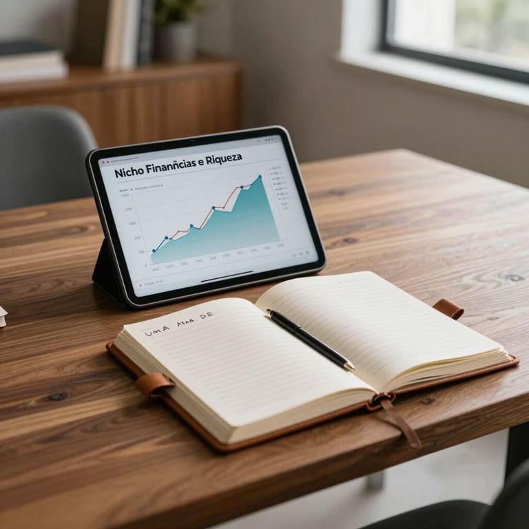 Nicho Finanças e Riqueza: Uma mesa de madeira elegante com um tablet mostrando gráficos de crescimento, acompanhado de uma agenda de couro em um escritório brasileiro moderno.