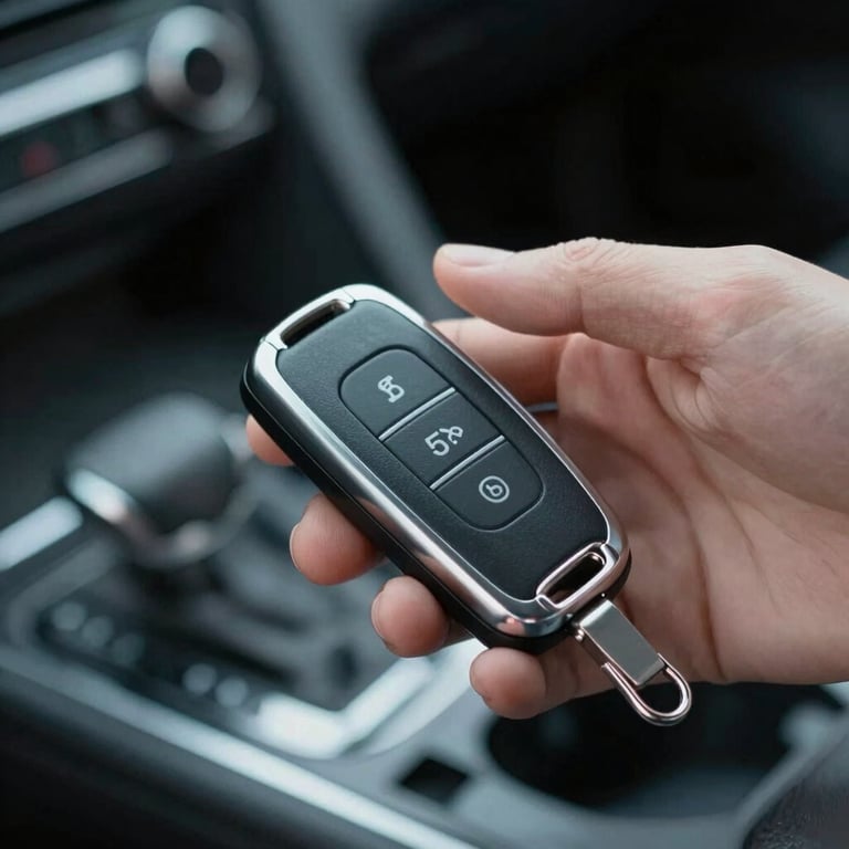 A sleek modern car key fob being programmed, close-up shot, sharp focus, professional lighting with #1A202C tones.