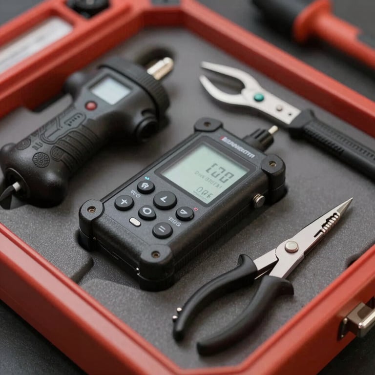 An overhead shot of a toolkit containing high-tech diagnostic equipment and lock-picking tools, organized and efficient.