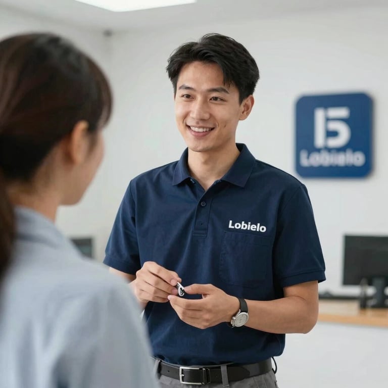 A professional locksmith interacting politely with a customer, reflecting the brand's trustworthy and expert aura.