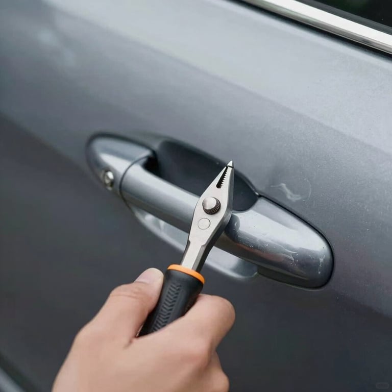 Close-up of specialized locksmith tools being used on a luxury vehicle door handle, emphasizing careful precision.