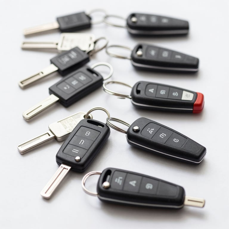 A row of newly cut car keys and fobs for various brands, showcasing diverse expertise and inventory.