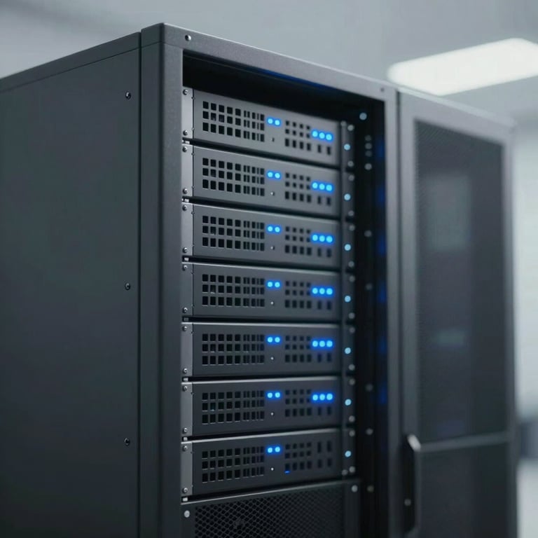 A sleek, minimalist server rack with blue indicator lights, representing data-driven management systems and cutting-edge tech.