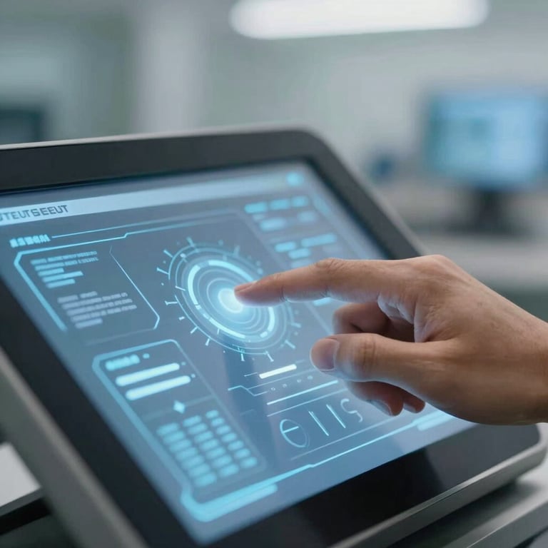 An engineer's hand interacting with a glowing touchscreen interface for building automation, high-tech mood.