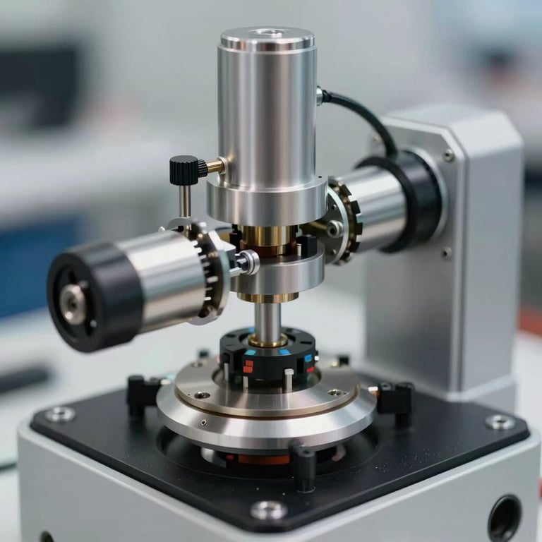 Precision mechanical components of a custom-developed automation device, professional photography style, lighting highlighting metallic textures.