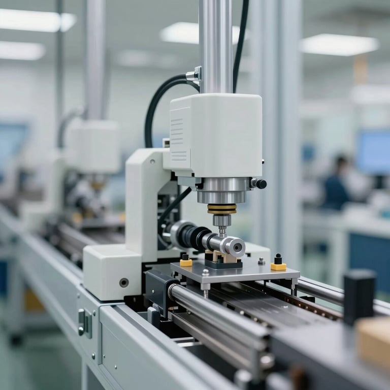 An automated production line in a modern factory setting, showing high-speed efficiency and clean engineering.