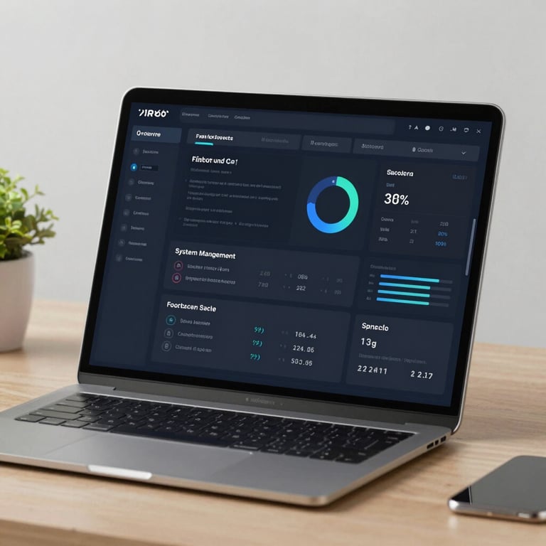 A sophisticated software dashboard for system management displayed on a modern tablet in a clean workspace.