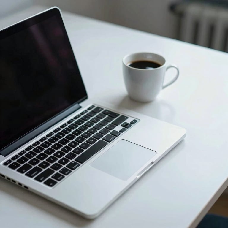 A laptop and a coffee cup on a clean white desk, representing focused study and education, soft blue lighting.