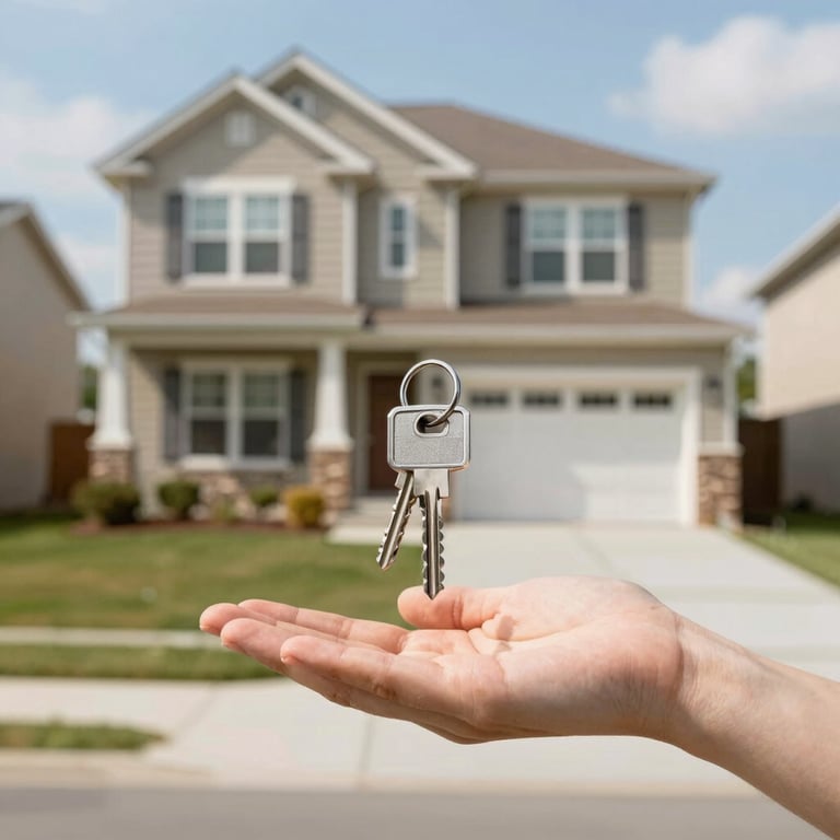 A happy person holding the keys to their first home in a North American neighborhood, bright daylight, professional photography.