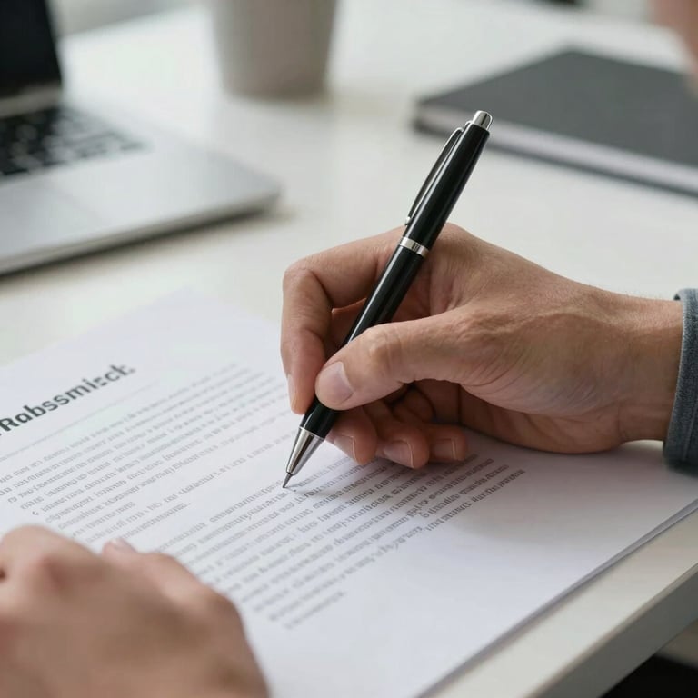 A close-up of a hand signing a document with a quality pen in a clean, modern North American office.