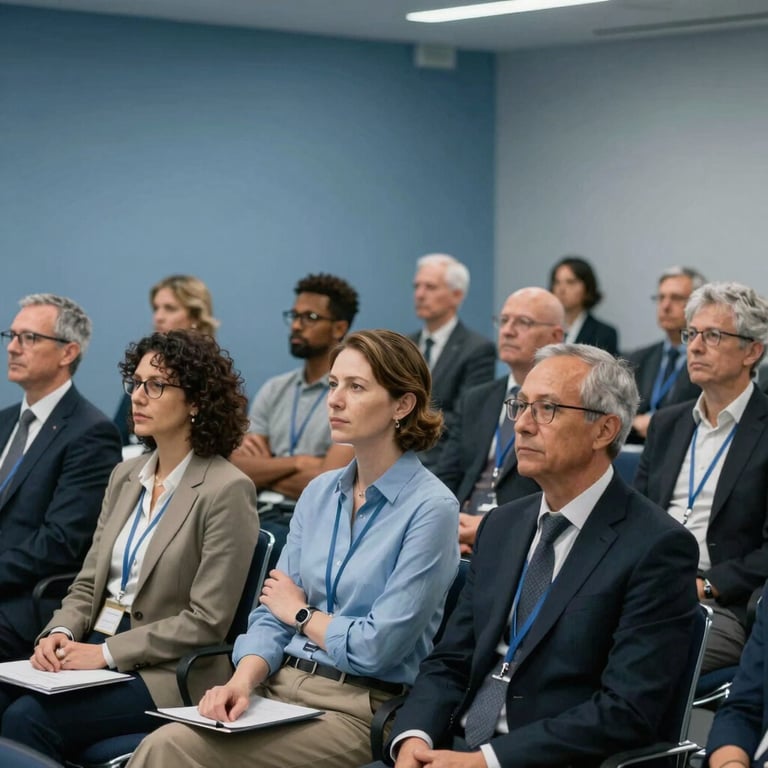 A diverse group of adults attending a professional seminar in a modern, blue-toned conference room.