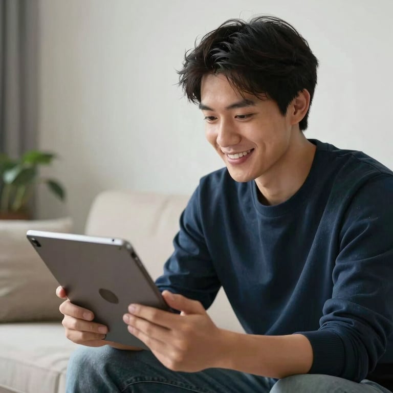 A person looking at a digital tablet with a confident smile in a bright living room setting.