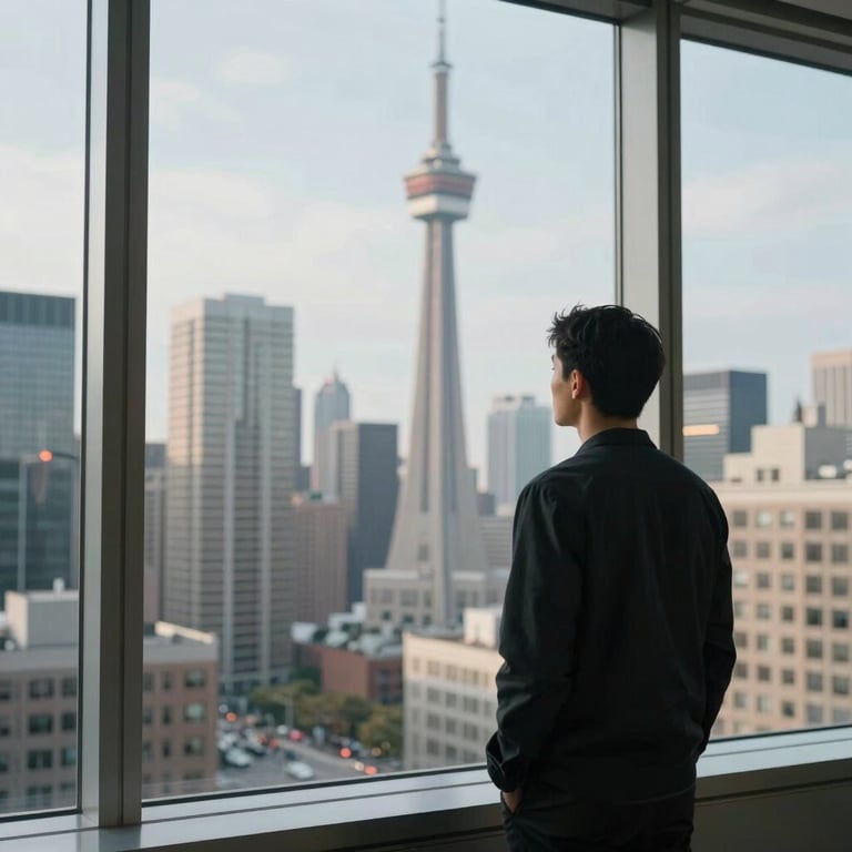 A person looking out of a high-rise office window at a North American city skyline, symbolizing growth and vision.