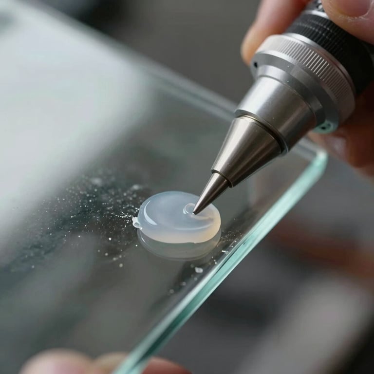 Extreme close-up of high-quality resin being applied to glass, demonstrating the meticulous craftsmanship used in repairs.