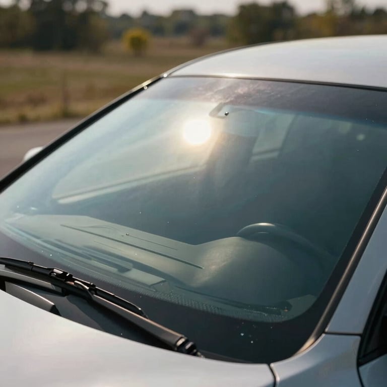 The sun reflecting off a flawlessly repaired windshield, highlighting the superior finish and clarity in a North American landscape.