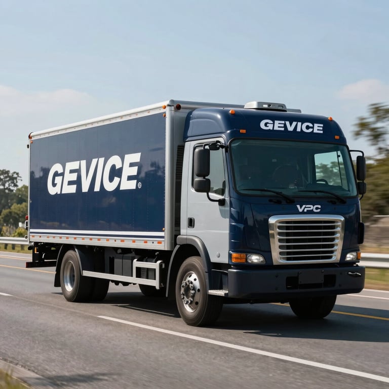 A branded service truck driving on a clean North American highway, symbolizing strength and mobility, in Dark Navy and Light Grey colors.