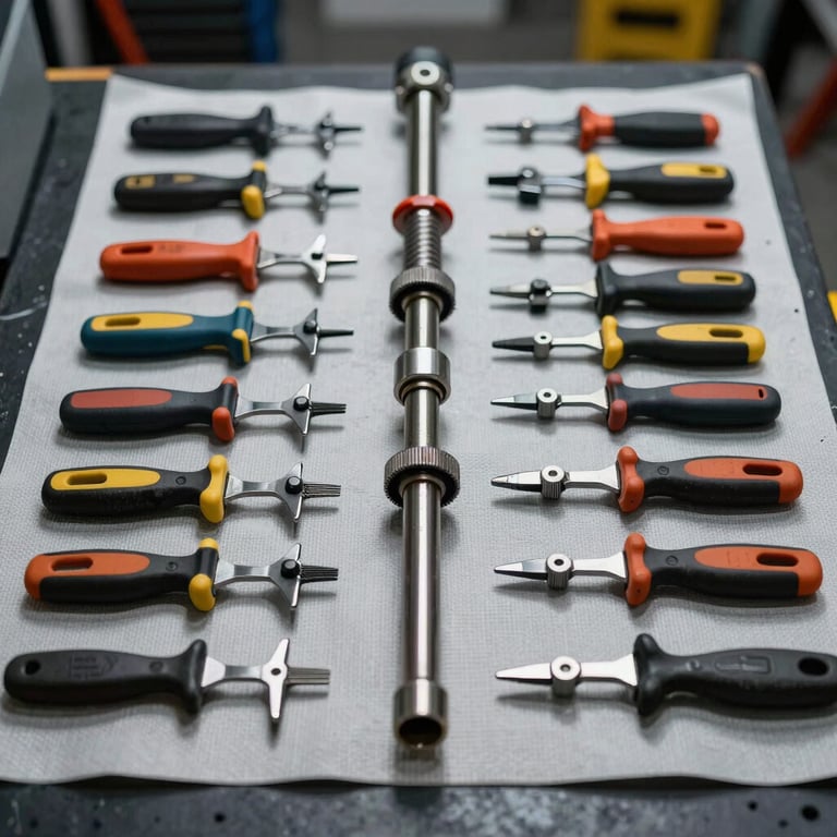 A row of professional auto glass tools laid out neatly on a protective mat, illustrating rugged durability and organized precision.
