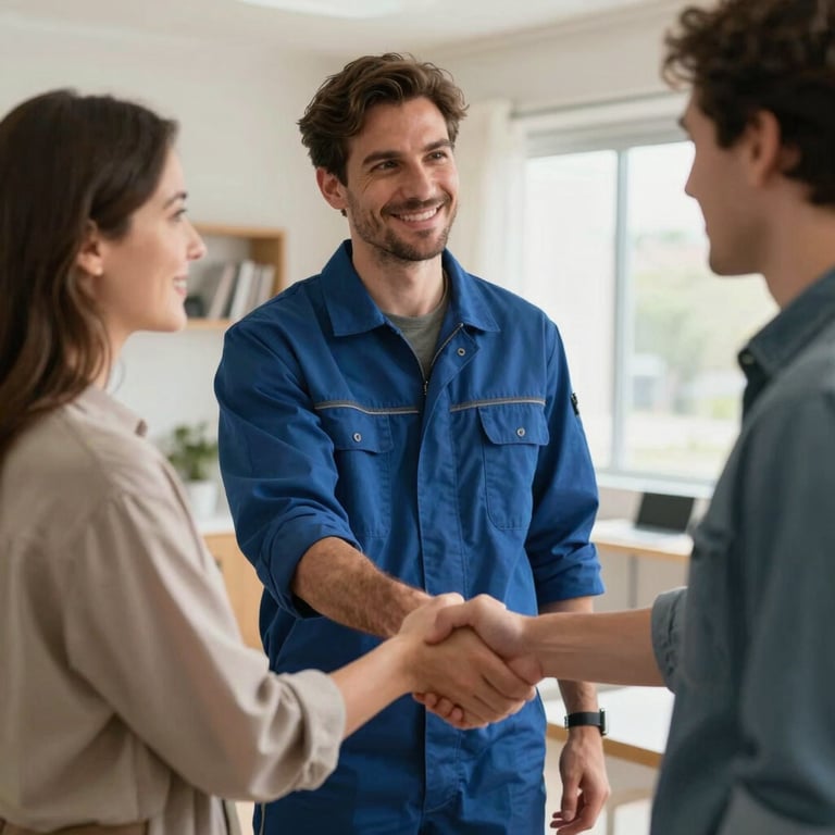 A technician in a US residential setting shaking hands with a satisfied customer, conveying trustworthiness and professional service.