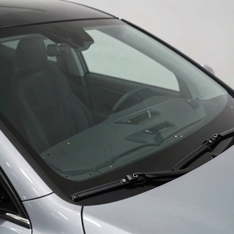 Close-up of a perfectly installed new windshield on a modern vehicle, showing the precision of the seal and the clarity of the OEM-quality glass.