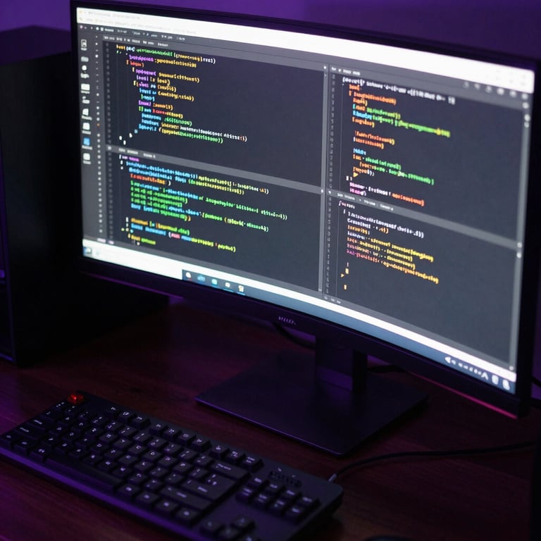 Extreme close-up of a high-end developer workstation in a dark room. An ultra-wide monitor displays clean, complex code blocks. Low-key ambient lighting with a sharp, high-voltage electric violet rim light reflecting off the hardware components.