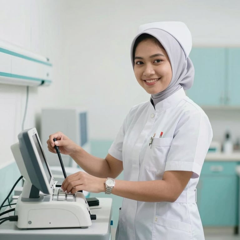 A smiling female nurse in a white uniform and grey hijab operating a medical diagnostic machine in a clinic.