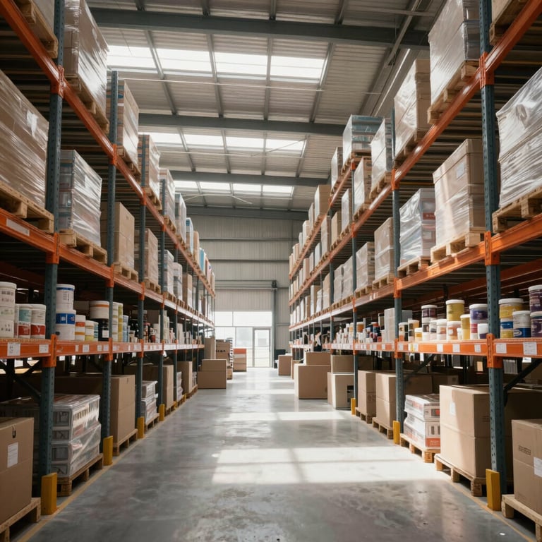 A modern warehouse interior in the UAE with high ceilings and organized industrial shelving, bright natural daylight illuminating the space.