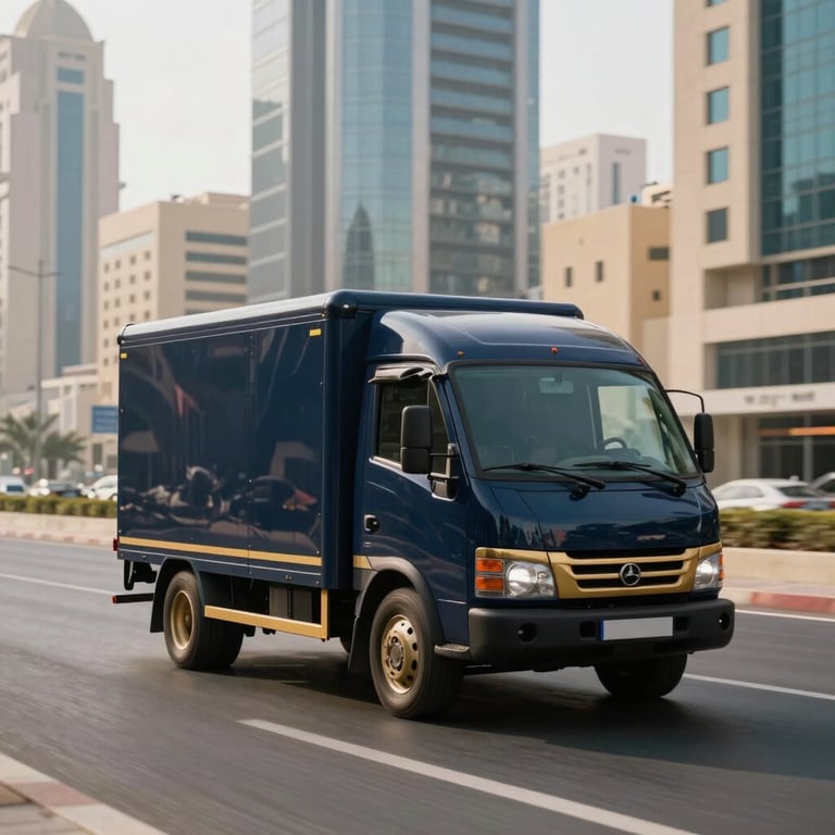 A sleek dark blue delivery vehicle with gold accents driving through a modern Middle Eastern business district during the day.