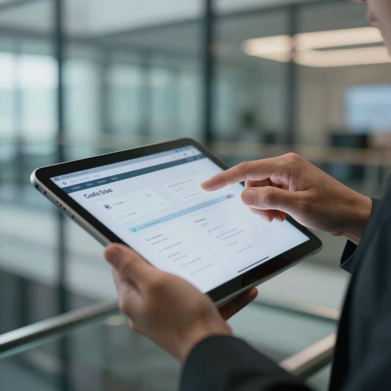 Close-up of a business professional's hands using a tablet to manage an e-commerce platform in a modern glass office.