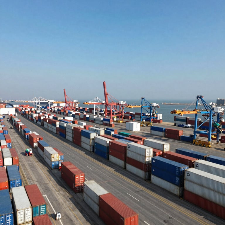An aerial view of a busy shipping terminal in the Gulf region with rows of cargo containers under a clear blue sky.