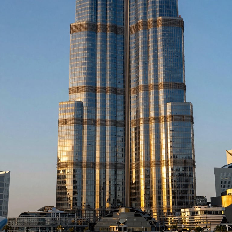 A high-end, professional architectural photograph of a luxury skyscraper in Business Bay, Dubai, UAE, during the golden hour. The building's reflective glass facade mirrors a warm sunset, and the sophisticated urban landscape conveys international business excellence and prestige. The color palette features deep blues and elegant gold reflections.