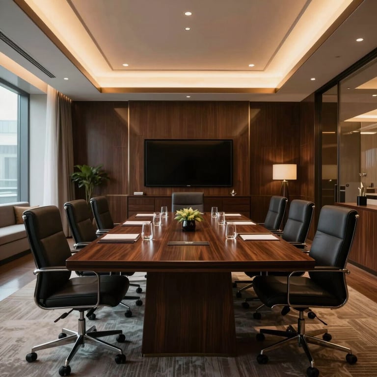 A sophisticated meeting room in a luxury corporate building with dark wood furniture and soft golden ambient lighting.