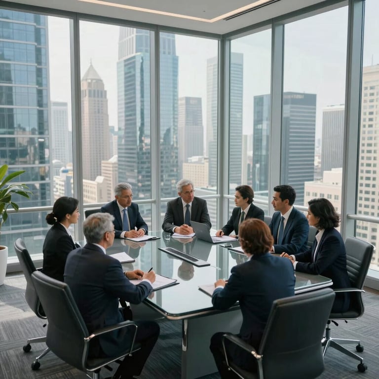 A high-angle professional photograph of a modern glass boardroom in a skyscraper. A group of professionals in business attire are engaged in a meeting around a sleek table, with the city skyline visible through large windows. Middle Eastern context.