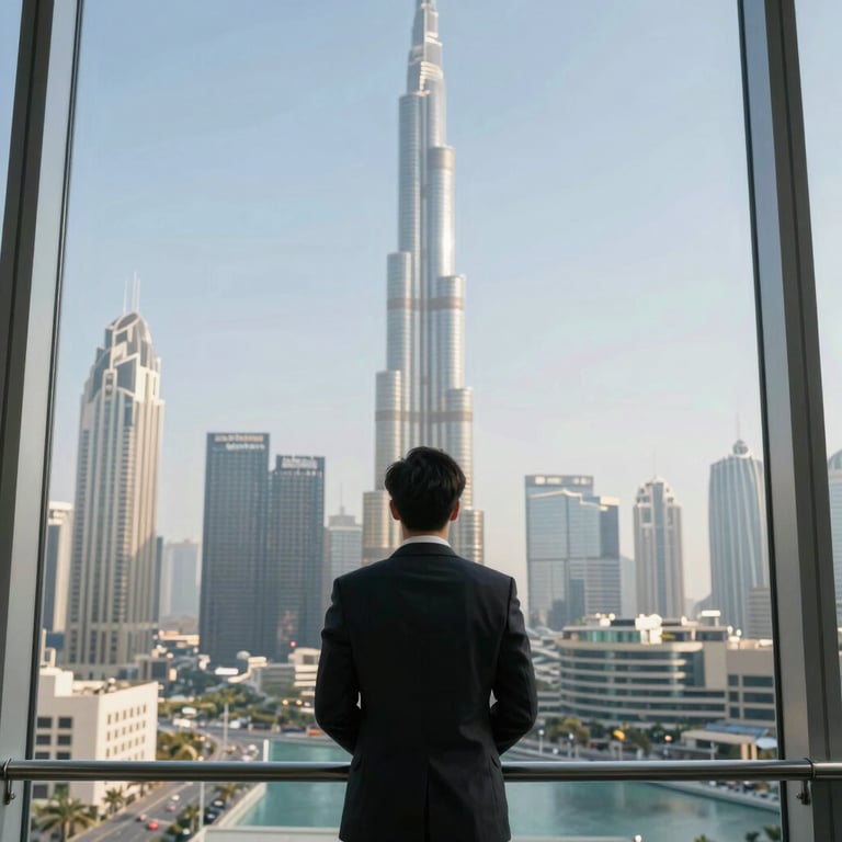 A professional business person in a high-rise office overlooking the iconic Dubai skyline, reflecting corporate success.