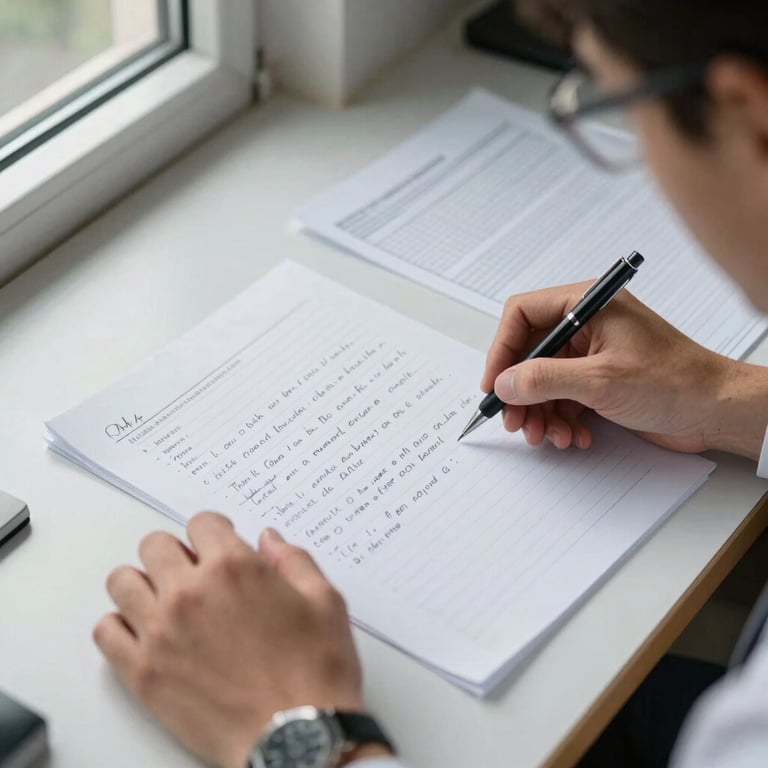 Overhead close-up of a researcher's desk during a live debrief session — handwritten notes, printed data sheets, a pen mid-movement, natural window light from the left, editorial documentary framing, no faces visible
