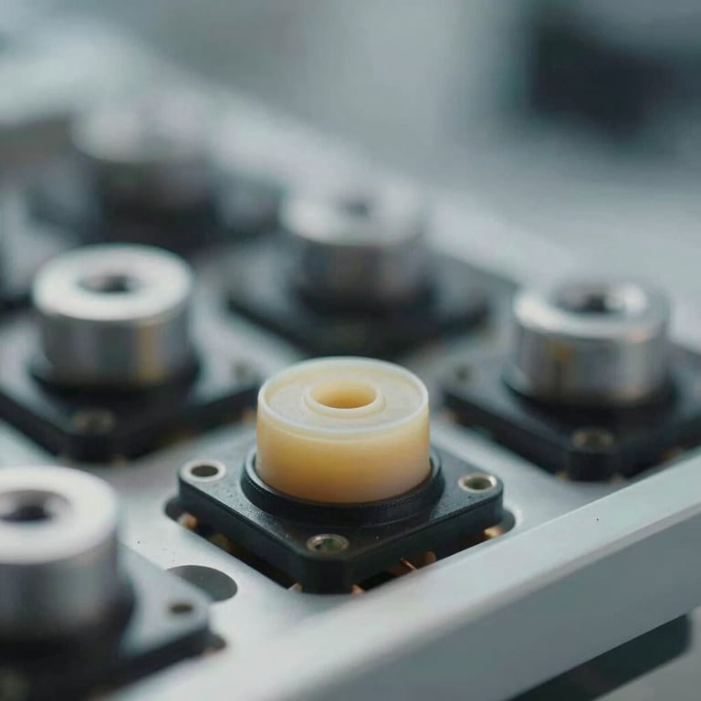 Automotive sensor components being encapsulated in protective potting compound, modern industrial aesthetic.