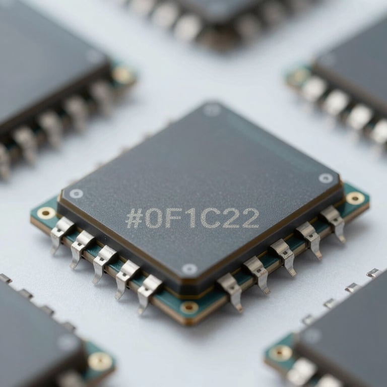 Macro shot of a semiconductor package with precision thermal interface material applied, clean tech lighting, #0F1C2E accents.