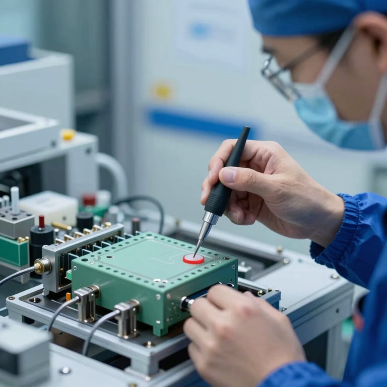 Industrial assembly line showing power modules being sealed with advanced compounds, professional blue lighting.