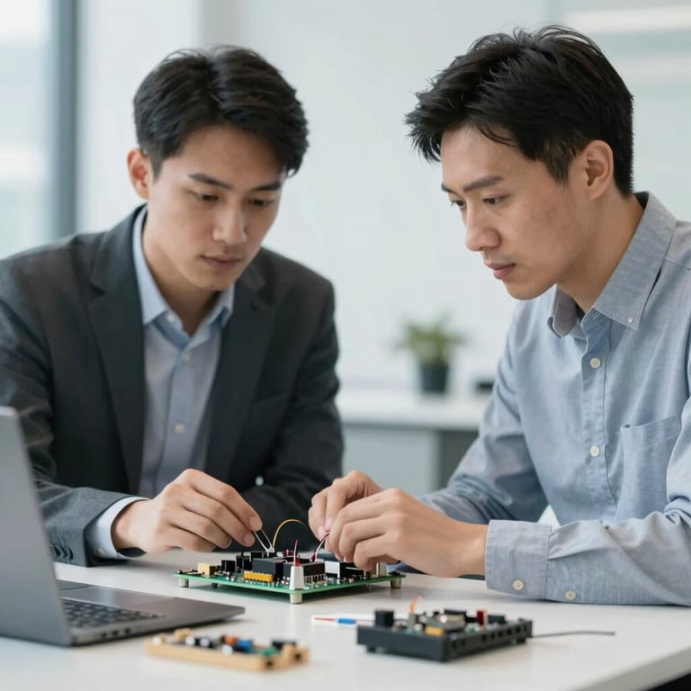 A technical consultation between two engineers over a sophisticated electronic component, professional corporate mood.
