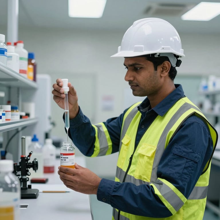 A South Asian / Indian engineer in safety gear checking the viscosity of a sample of MT Hydra HLP 68 in a bright, modern laboratory.