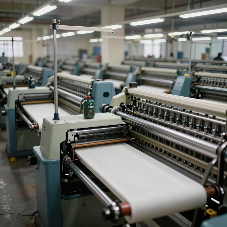 A panoramic shot of a well-maintained South Asian / Indian textile mill where high-speed machines are running smoothly with MT Spin Oil.