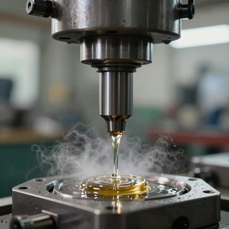 A close-up of clear coolant oil being applied to a high-speed metal cutting tool in a South Asian / Indian factory, with visible cooling mist.