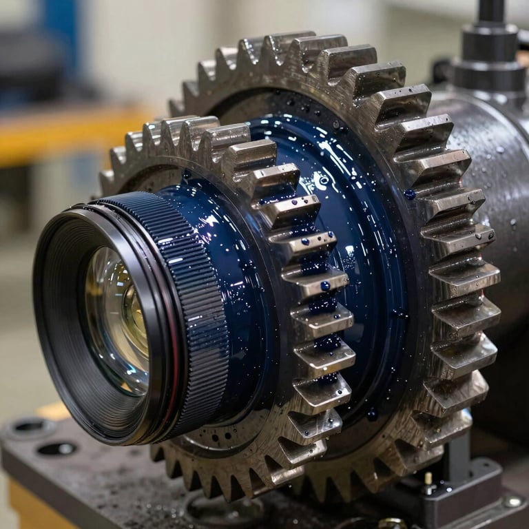 Detailed shot of a heavy-duty industrial gear assembly treated with deep navy protective lubricants, showcasing robust protection.